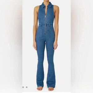 We Wore What Sleeveless Denim Stretch Flare Jumpsuit